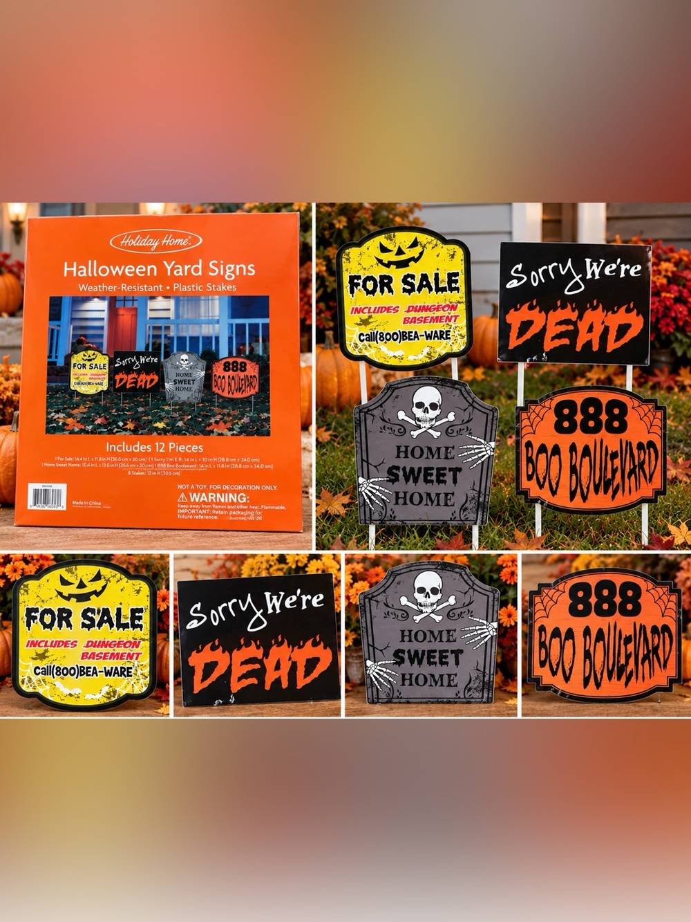 HOLIDAY HOME “HALLOWEEN” YARD SIGNS SET OF 4 with 8 stacks for display